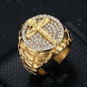 Stainless Steel Jesus Cross Iced Out Gold Plated Religious Statement w/Cubic Zir